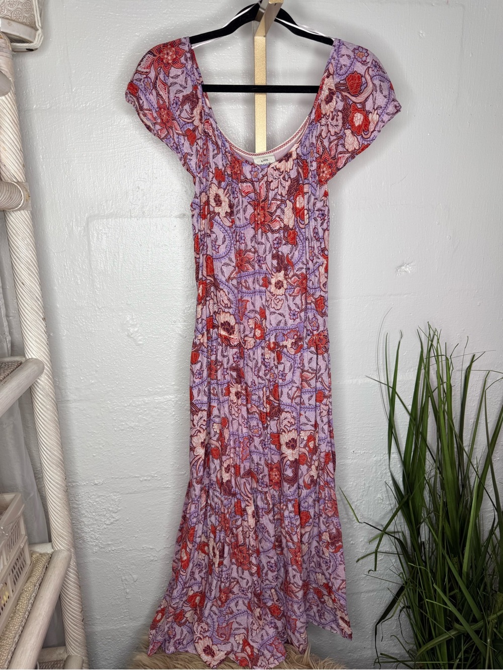 Knox Rose Purple Floral Boho Midi Dress | Tiered Flutter Sleeve Cottagecore - Picture 3 of 8